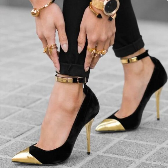 FSJ Black & Gold Ankle Strap Pointed Toe Stiletto Heel Pumps for Women - Picture 1 of 8